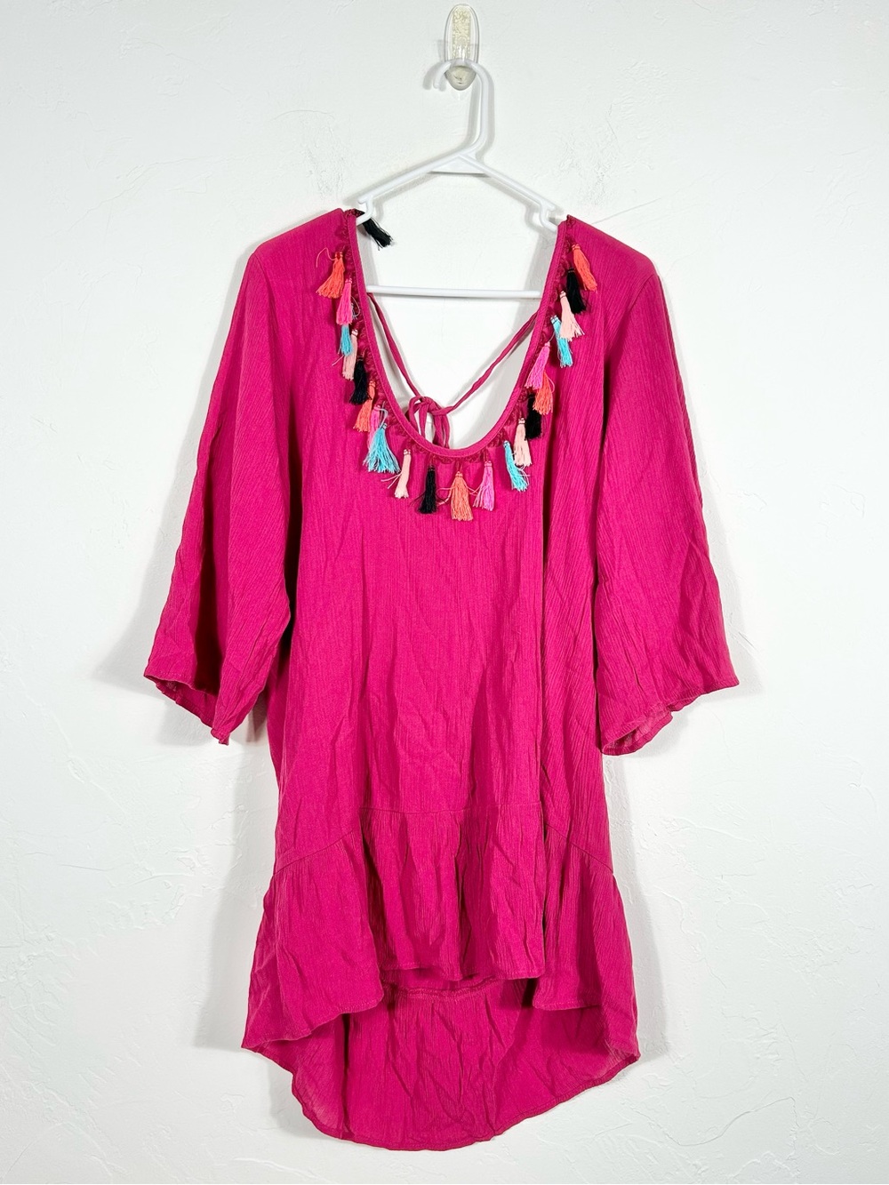 Xhilaration XL Swim Cover Up Dress Pink Crinkle Open Tassel Back Ruffle Hem Boho